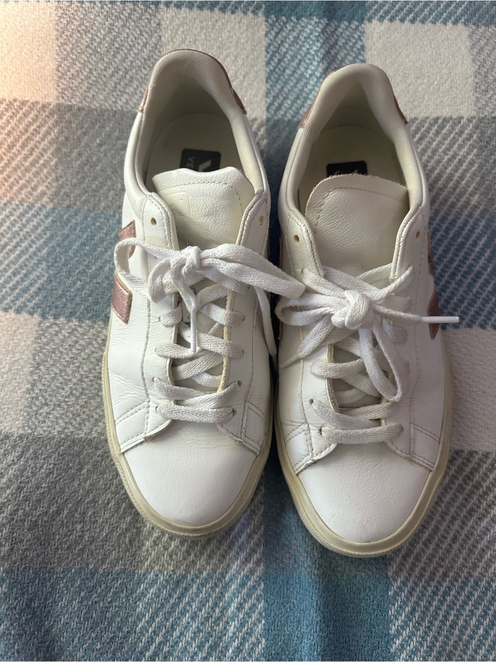 Veja Women's White Leather Lace-Up Sneakers with Pink Accent 9.5
